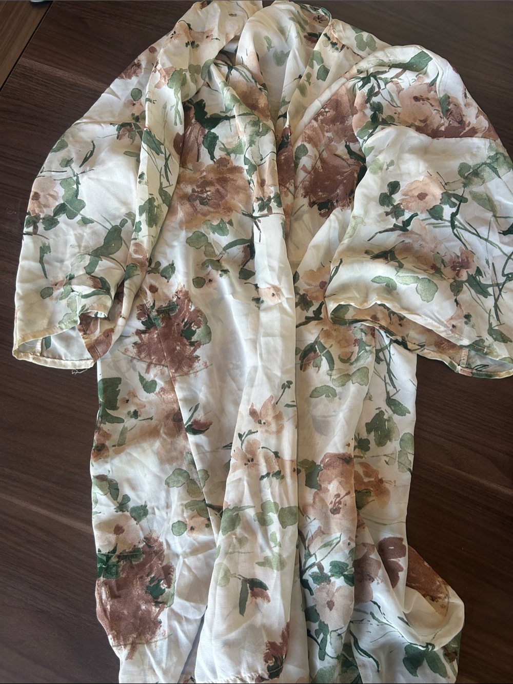 Floral Print Lightweight Kimono- White with Brown & Green